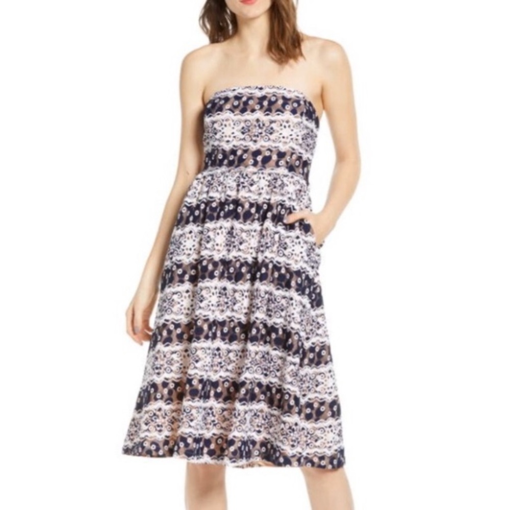 Endless Rose Striped Floral Lace Strapless A-Line Midi Dress Fit Flare NEW